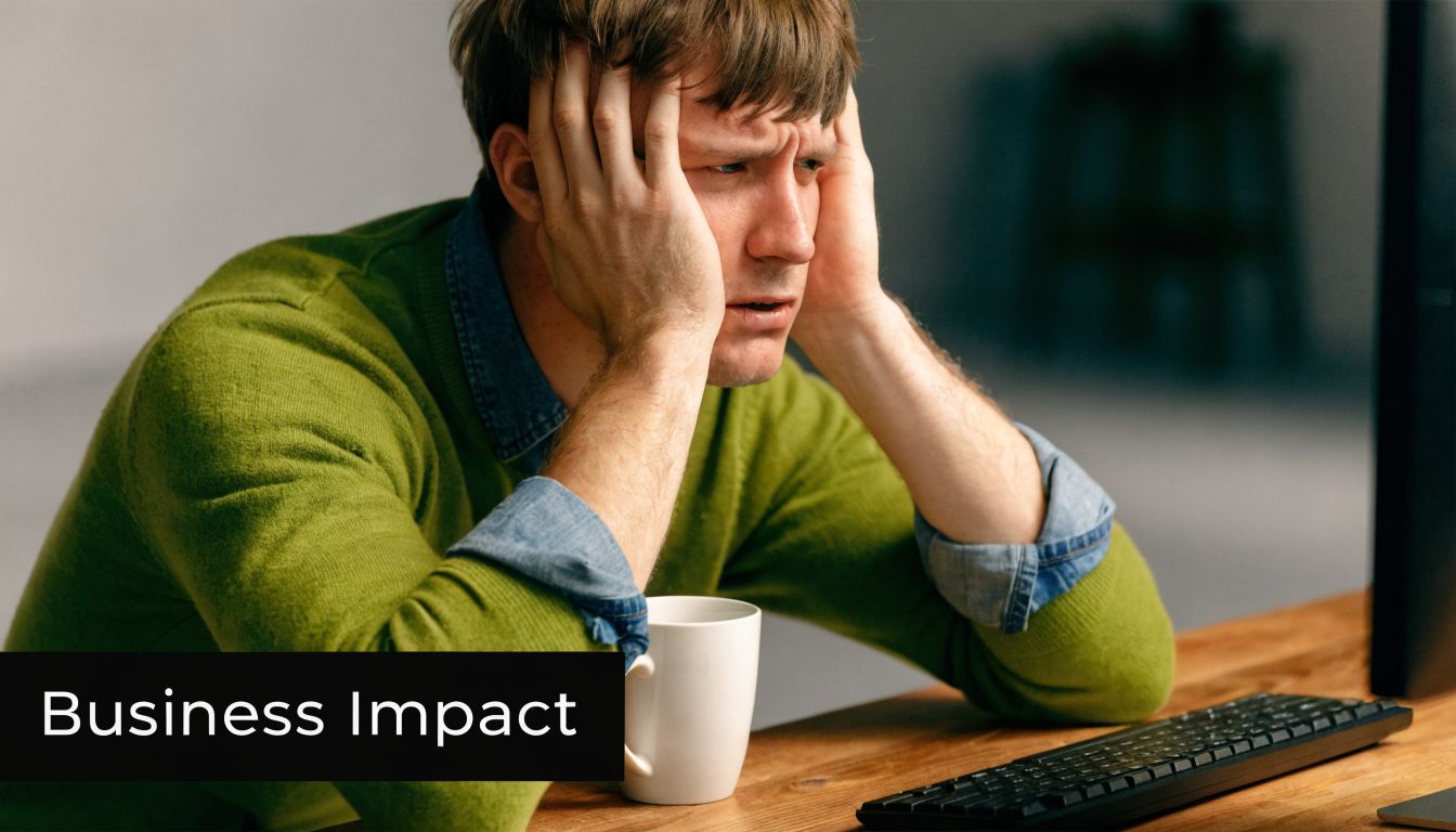A frustrated man sitting at a desk with his head in his hands near a computer.