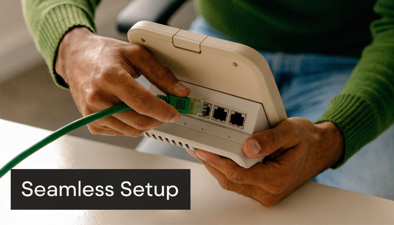A person connecting a green Ethernet cable to the back of a Nextiva office desk phone.