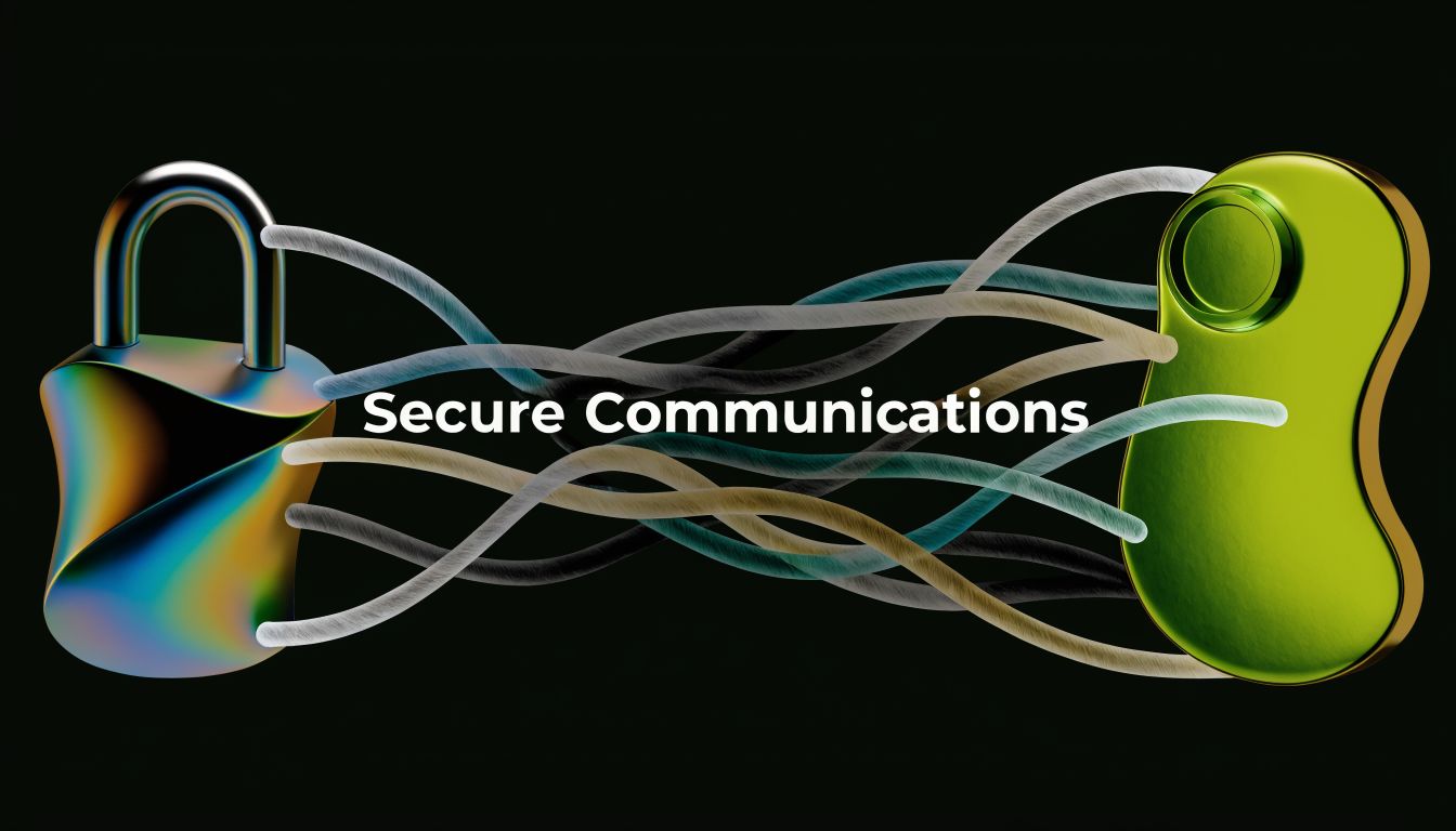 A digital illustration showing a metallic padlock connected to a green device by abstract fiber optic cables.